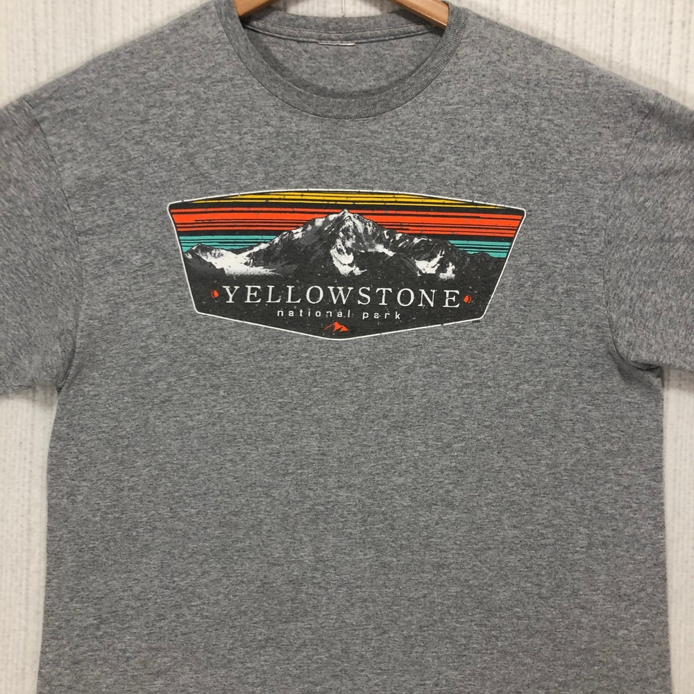 Yellowstone National Park Graphic‎ T-Shirt Heather Gray Retro Mountain Tee Large